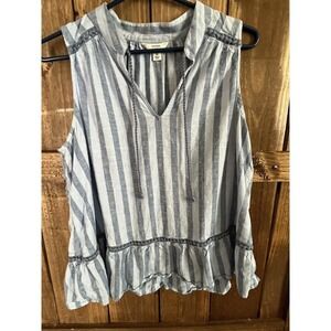 Crown And Ivy Tank Size Medium M Blue White Stripe Tie Neck Ruffle